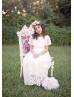 Cape Sleeve White Lace Ankle Length Flower Girl Dress